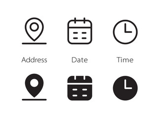 Date, time, location address icon set. Clock, calendar, location pin. Vector illustration