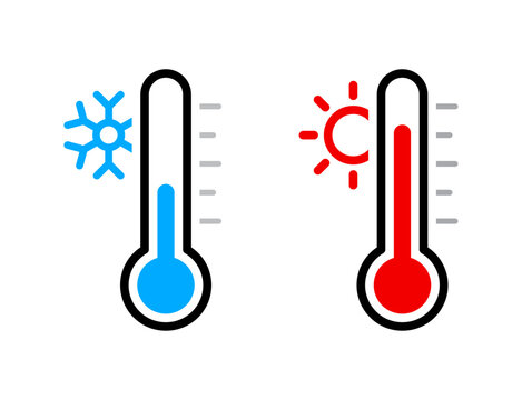 Street thermometer sign with two thermometers showing cold and hot temperatures. Represents weather forecast, high summer heat, frost, and snow. Flat vector design for seasonal weather illustration
