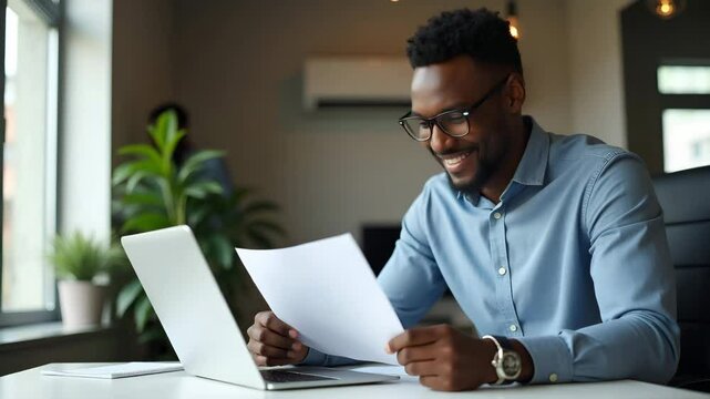 Flat Vector Illustration of a Happy Young African Businessman Working on Laptop, Smiling While Reviewing Financial Reports in Office Setting