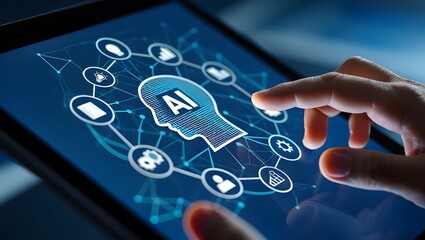 Human finger interacting with a digital interface displaying ai and interconnected icons on a tablet screen