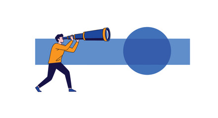 Man with telescope searching for opportunities and discovering new horizons
