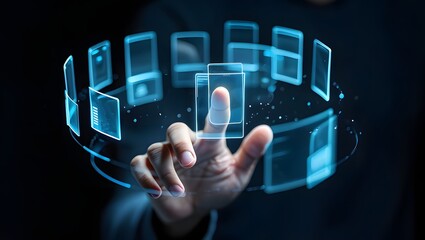 Human finger interacting with a futuristic holographic interface displaying various digital elements and data