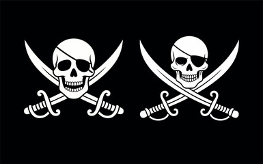 Two white pirate skull and crossbones symbols with swords on a black background