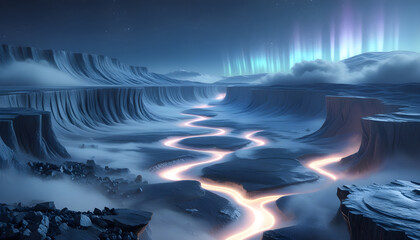 Surreal snowy canyon landscape illuminated with neon blue light and golden lava under starry night sky with auroras
