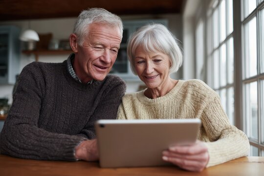 Senior couple using tablet at home near window