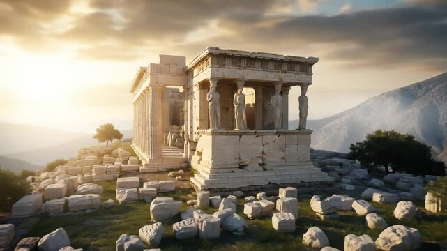 Ancient Greek Temple Ruins on Hilltop at Sunset, Caryatid Statues and Stone Blocks