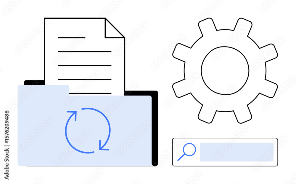 Poster open folder with rotating arrow, document, gear symbolizing settings, and search bar highlighting da