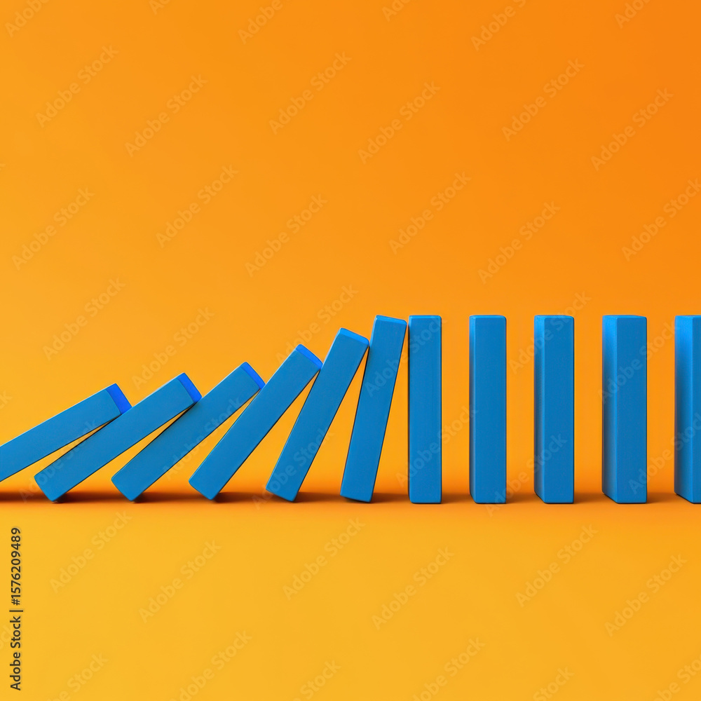 Poster domino effect in business strategy a cascade of blue blocks on orange background representing chain 