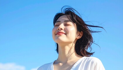 快晴の中で髪を風になびかせた若い日本人女性,A young Japanese woman with her hair blowing in the wind under a clear blue sky.