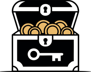 Open treasure chest filled with gold coins and a key