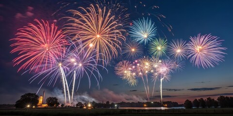Colorful Fireworks Display over Lake, Celebration, Night Sky