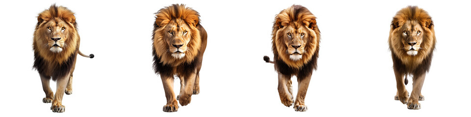 Obraz premium Set of walking male lions in frontal view isolated on transparent background