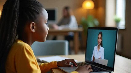African girl student watching video course distance e learning studying with online teacher by webcam remote education work from home concept over shoulder close up laptop mock up screen view concept  - Powered by Adobe