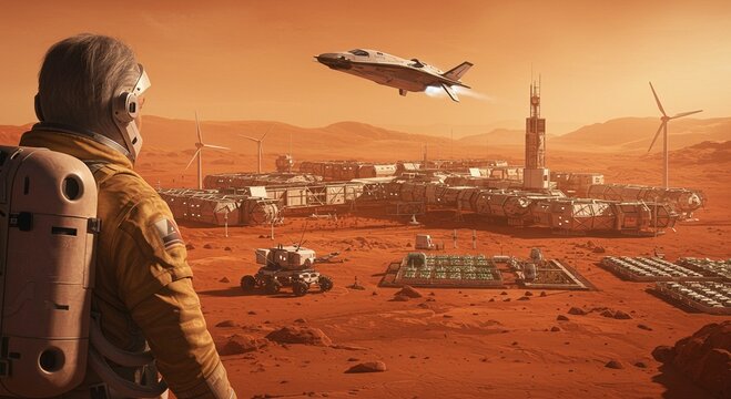 Astronaut observing martian settlement