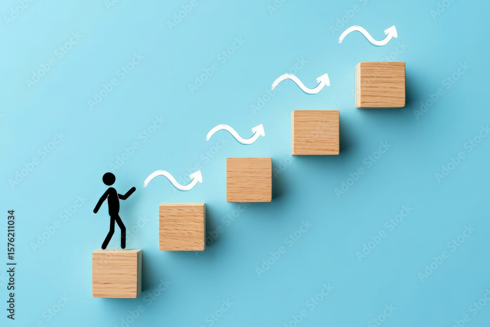 Poster conceptual image of career advancement and personal development, featuring a stick figure climbing w