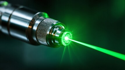 Illuminating Power: A bright green light beam emits from a polished metal device, showcasing precision and energy.