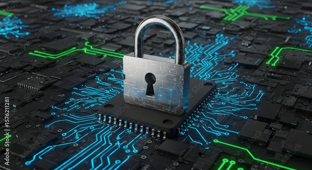 Poster cybersecurity protection padlock securing microchip, safeguarding electronic data and system integri