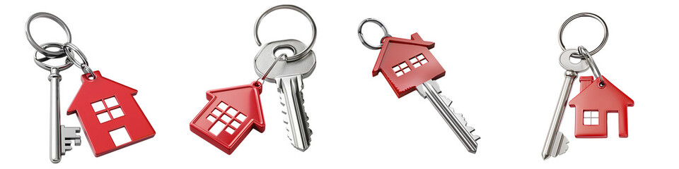 Set of realistic house keychains with silver keys isolated on transparent background


