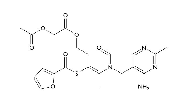 acefurtiamine molecule, structural chemical formula, ball-and-stick model, isolated image vitamin b1 analog