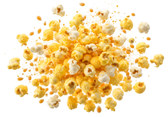 Flying popcorn pieces captured mid-air, perfect for snack ads, movie themes, or food designs. Isolated on white or transparent background. PNG format.