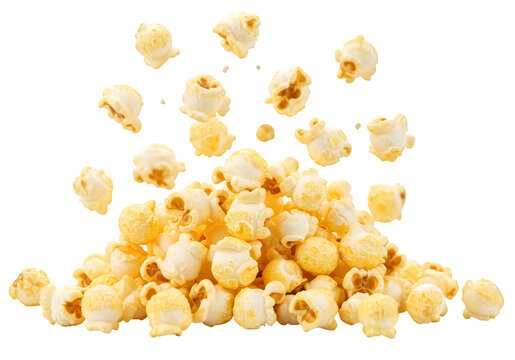 Flying popcorn pieces captured mid-air, perfect for snack ads, movie themes, or food designs. Isolated on white or transparent background. PNG format. - Powered by Adobe