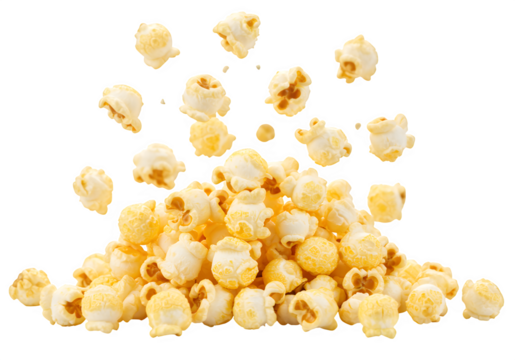 Flying popcorn pieces captured mid-air, perfect for snack ads, movie themes, or food designs. Isolated on white or transparent background. PNG format.