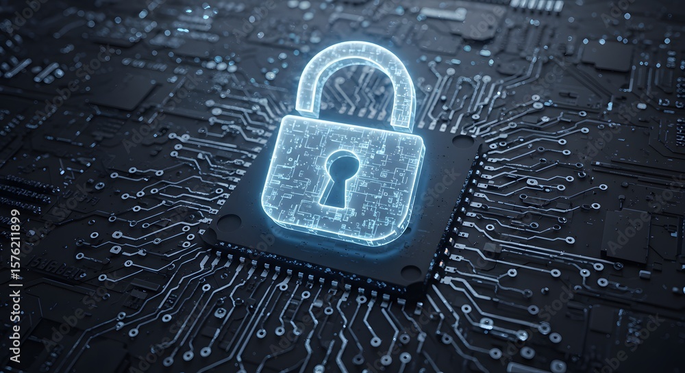 Aufkleber cybersecurity shield padlock protecting digital system against cyber threats, secure network with te