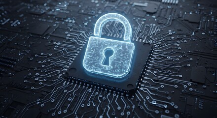 Cybersecurity Shield Padlock Protecting Digital System Against Cyber Threats, Secure Network with Technology Lock on Circuit Board