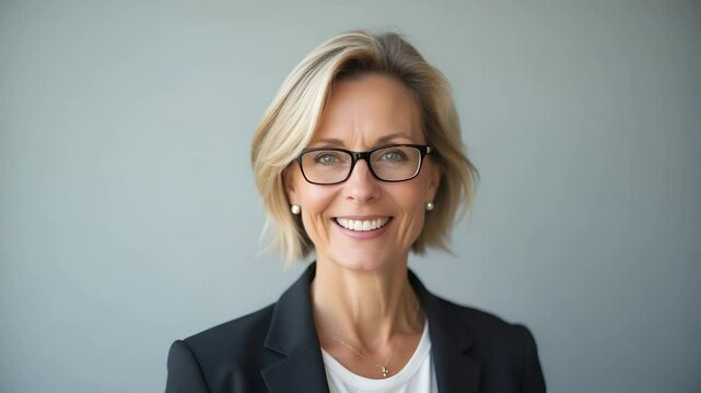 Happy and smiling mature 50 year old female psychologist poses for portrait looking at camera. Close up headshot of sophisticated businesswoman isolated on grey background advertising products and ser