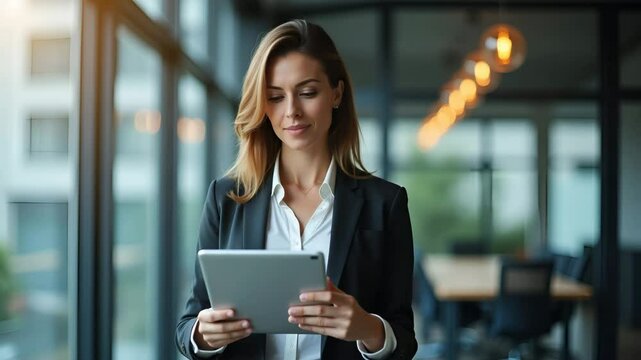 Flat Vector Illustration of Confident Mature Businesswoman as Bank Manager with Tablet, Showcasing Leadership, Innovation, and Digital Strategy in Finance.