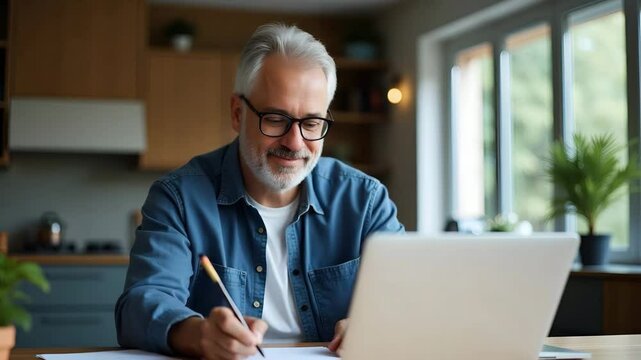 Middle-aged man with glasses smiling while using laptop and taking notes at home, engaged in hybrid work and online learning - flat vector illustration.