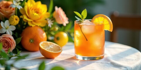Fototapeta premium Refreshing citrus beverage with ice cubes garnished with a citrus fruit slice and a sprig of mint, next to a bouquet of bright yellow and peach roses and oranges on a white surface bathed in sunlight