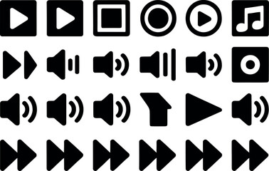 Collection of black media player icons including play pause stop fast forward and volume controls