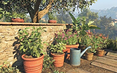 Serene Garden Scene with Lush Plants, Stone Wall, and Watering Can in Sunlight