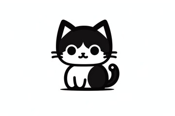Cute cartoon cat logo with simple black and white lines, flat vector illustration, clear front view outline on white background, high resolution