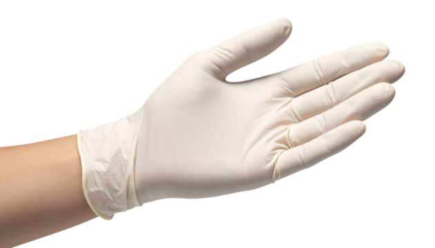 full-body clean photography of hand wearing medical latex glove, isolated on black
