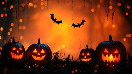 Glowing pumpkins with eerie faces illuminate the night, accompanied by silhouetted bats flying against an orange-hued backdrop.