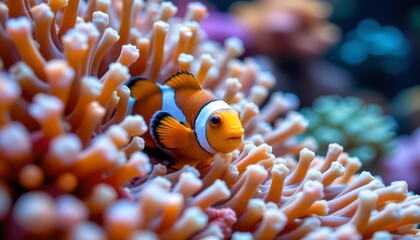 a vibrant underwater scene centered around a clownfish