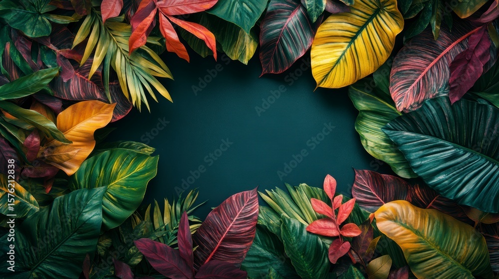 Poster vibrant tropical leaves frame a dark background, creating a natural border ideal for text or design 