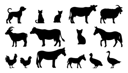 Silhouette Set of Domestic and Farmyard Animals. Cow, Dog, Cat, Duck and More for Agriculture, Nature and Pet-Themed Projects