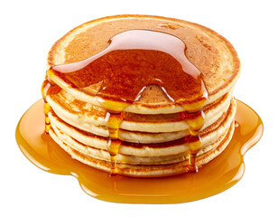 stack of golden fluffy pancakes with rich maple syrup dripping down on isolated background, delicious breakfast food with sweet glaze and syrupy texture in clean studio lighting
