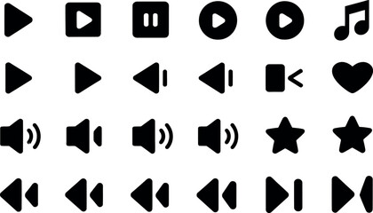 Collection of black media player icons and controls on a white background