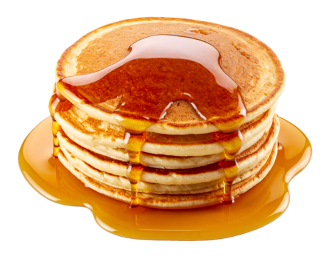 stack of golden fluffy pancakes with rich maple syrup dripping down on isolated background, delicious breakfast food with sweet glaze and syrupy texture in clean studio lighting
