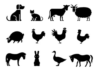 Silhouette Collection of Farm and Domestic Animals in Standing Poses. Dog, Cat, Cow, Goat, and More in Clean Vector Style for Rural and Pet Designs