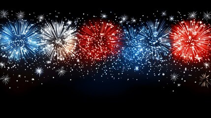 Vivid fireworks in red, white, and blue burst vividly over a dark backdrop, radiating joy and celebration