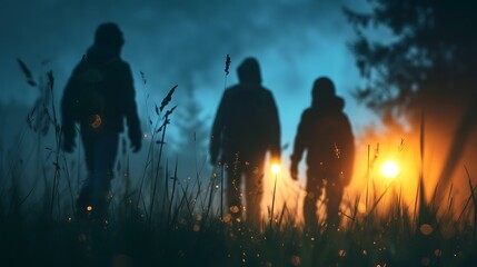 Fototapeta premium Three Silhouettes Walking in Foggy Forest at Sunset