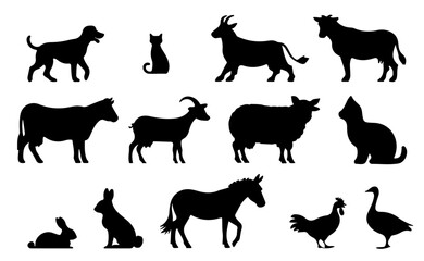 Household Pet Animal Silhouettes Set. Minimalist Set Featuring Horse, Hen, Goat, and Cat in Traditional Farm Scene Vector