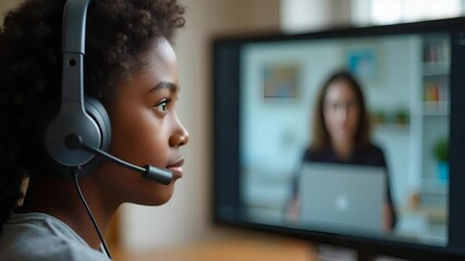 Flat African teen college student with headphones engaged in online learning via video conference with a tutor, remote lesson on computer screen, vector illustration. - Powered by Adobe