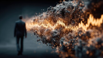 A man in a suit stands facing a dynamic, digital cloud of data visualizations and glowing light patterns in a futuristic, dark environment.