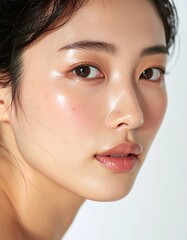 Obraz premium 日本人, 超リアル, 美しい, 若い女性, 顔, クローズアップ, 欠点のない肌, 輝く肌質, ナチュラルメイク, 柔らかなライティング, 美容CM風, シネマティック, カメラ目線, 高解像度,Japanese, ultra-realistic, beautiful, young woman, face, close-up, flawless skin, glowing complexion